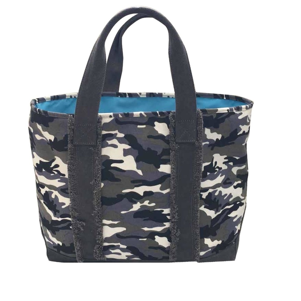 Grey camo tote bag with turquoise lining